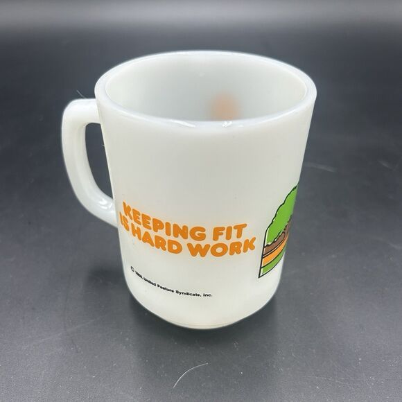 1958 Fire King Snoopy Jogging Keeping Fit Is Hard Work Glass Mug USA - Picture 2 of 5